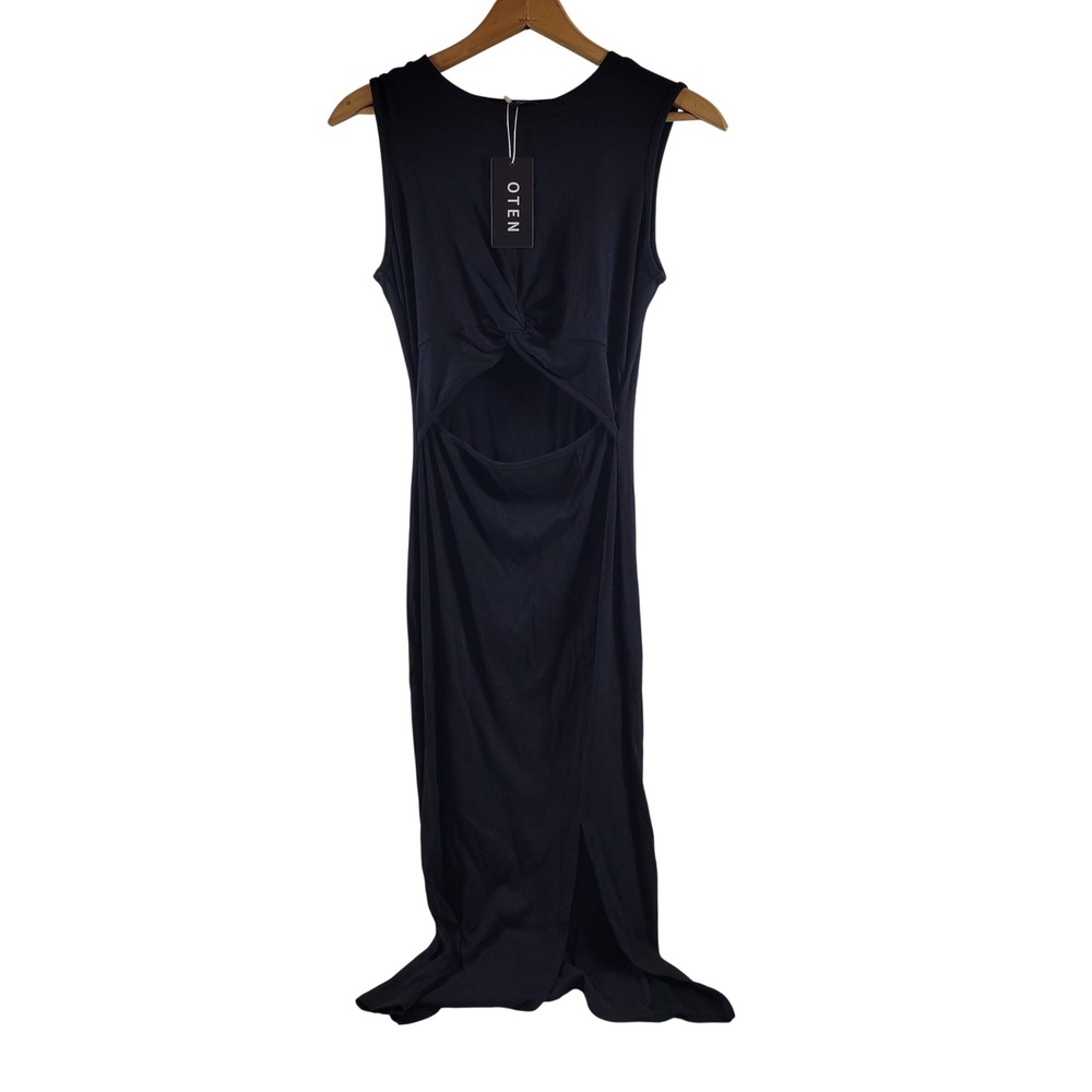 NWT OTEN Cutout Maxi Dress Womens Size S Black New Twist Front Ribbed Sleeveless